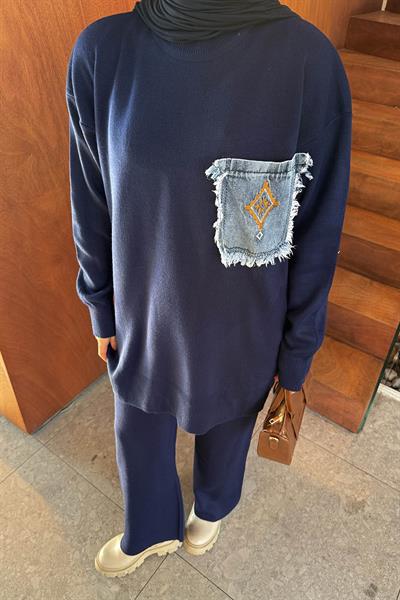 Cep Detaylı Triko Takım Lacivert