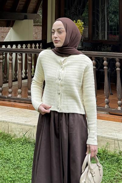 Links Desenli Crop Hırka Natural