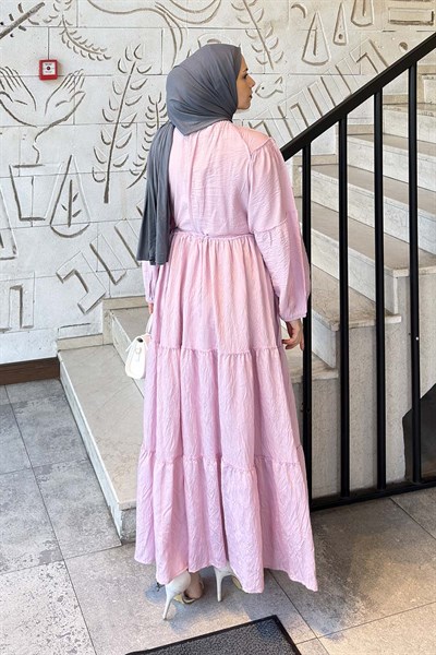 Kat Detaylı Bağlamalı Elbise Pembe