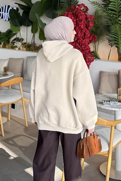 Üç İplik Kanguru Cep Sweatshirt Bej