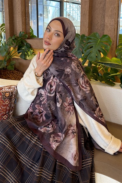 Çiçek Desen Bambu Şal Eflatun