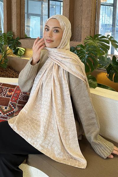 Bloom Desen Ayrobin Floş Jakar Şal Bej