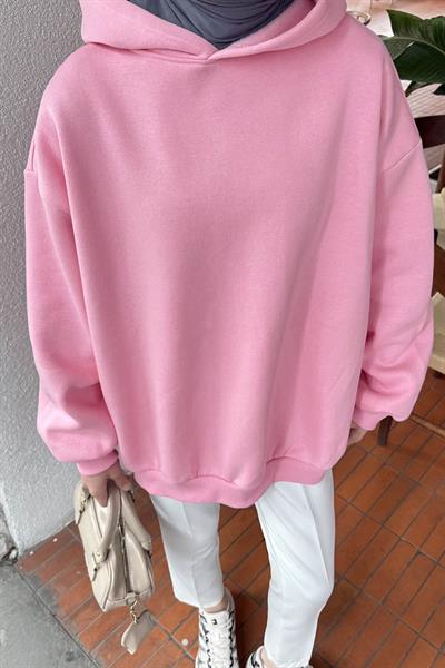Kapüşonlu Salaş Sweatshirt Şeker Pembesi