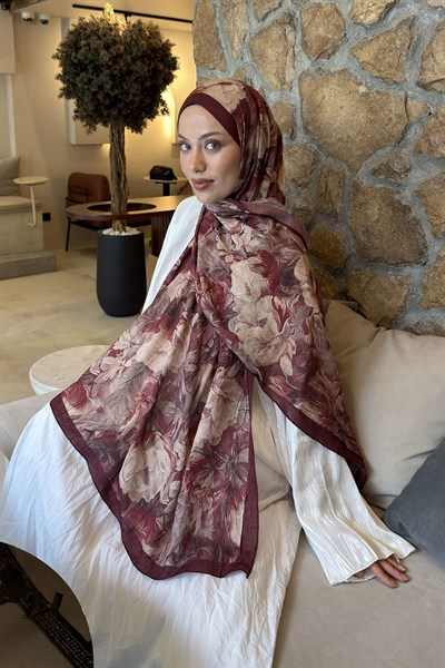 Vintage Flower Desen Bambu Şal Bordo