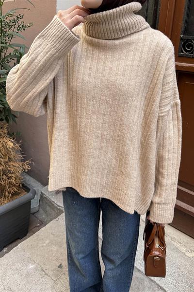 Balıkçı Yaka Kazak Bej