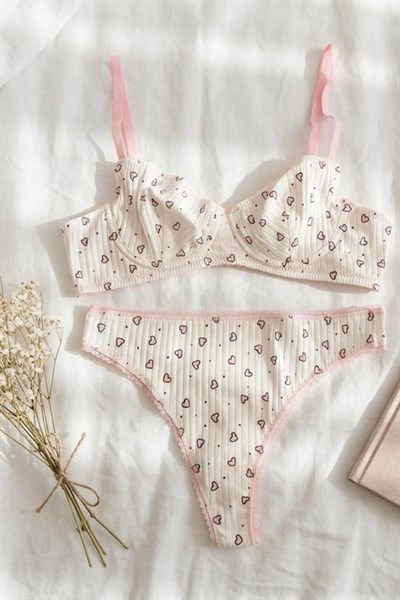 Pamuklu Balenli Pembe Kalpli Sütyen Takım Beyaz