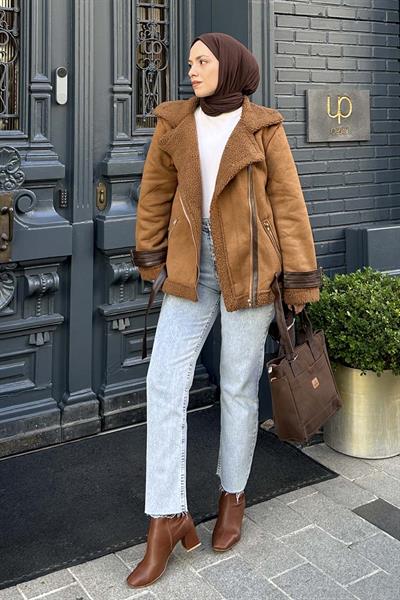 İçi Kürklü Biker Süet Mont TABA