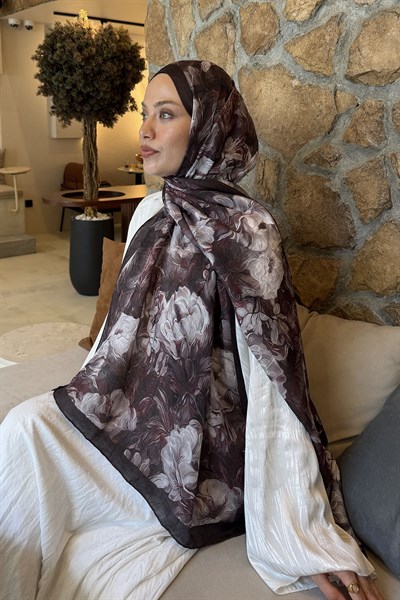 Vintage Flower Desen Bambu Şal Acı Kahverengi