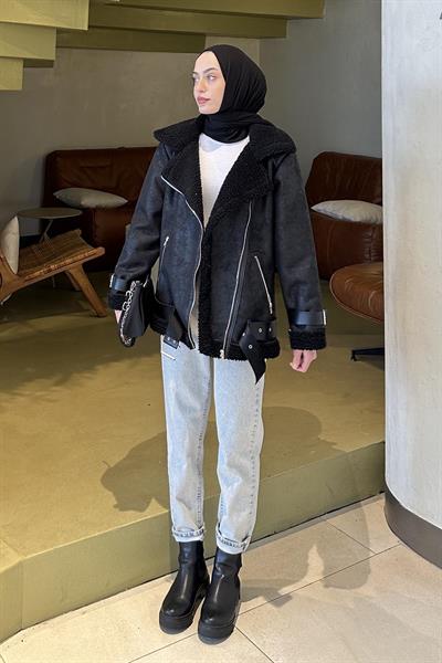 İçi Kürklü Biker Süet Mont Siyah