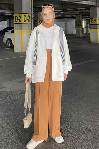 Kapüşonlu Oversize Yan Cepli Sweat Beyaz
