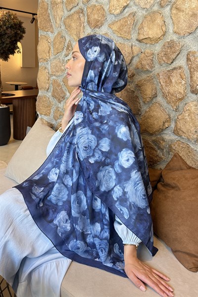 Botanik Çiçek Desen Lara Soft Şal Lacivert