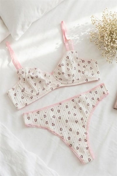 Pamuklu Balenli Pembe Kalpli Sütyen Takım Beyaz