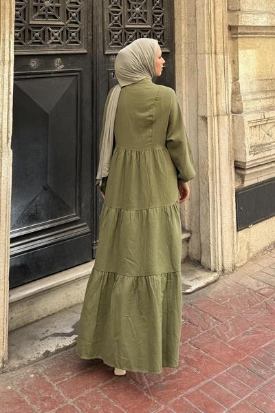 Ön Yarım Düğme Detaylı Müslin Kumaş Tesettür Elbise Haki