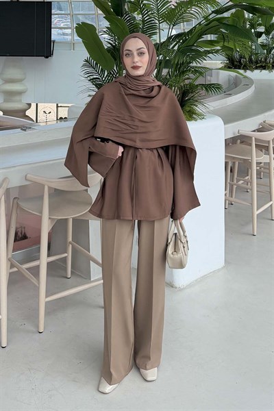 Şallı Bağlama Detaylı Tunik Soft Kahve