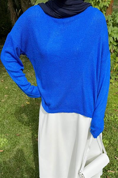 Kayık Yaka Triko Kazak Saks Mavisi