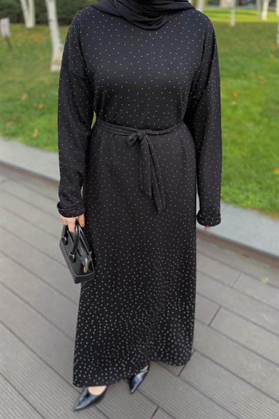 Taş Detaylı Tesettür Elbise Siyah