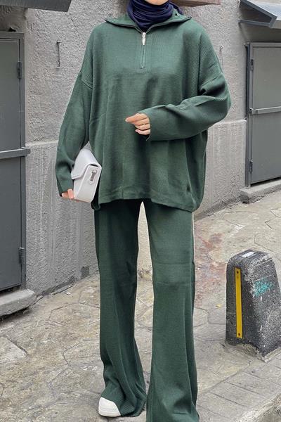 Selanik Pantalonlu Tesettür Takım Zümrüt Yeşili