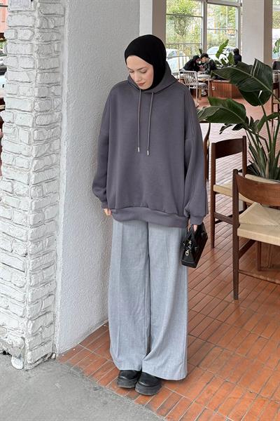 Kapüşonlu Oversize Yan Cepli Sweat Antrasit