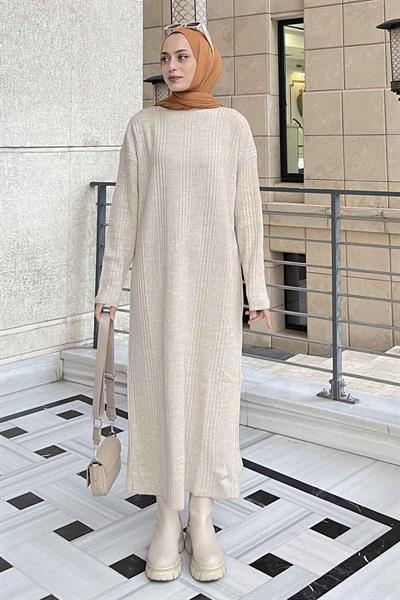 Fitilli Triko Uzun Elbise Bej