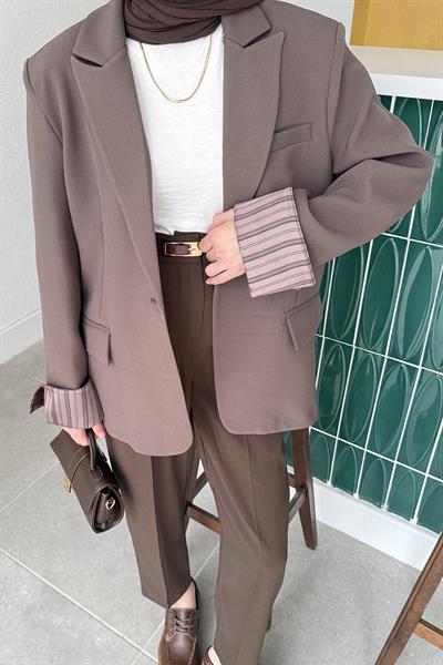 Astarı Çizgili Atlas Ceket Kahverengi