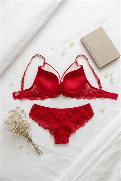 Dantelli Destekli Ipli Sütyen Takımı Kırmızı