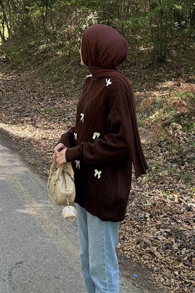 Kurdeleli Triko Kazak Acı Kahverengi