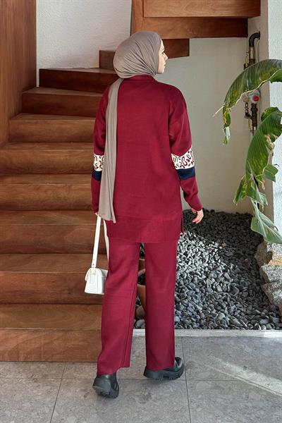 Desenli Triko Takım Bordo