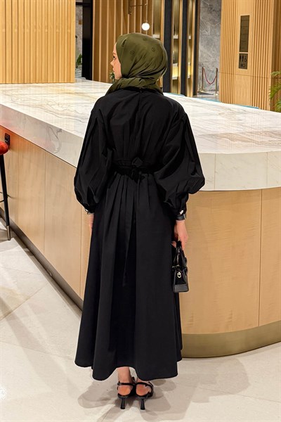 Pileli Poplin Elbise Siyah