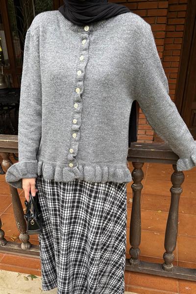 Fırfır Detaylı Hırka Gri