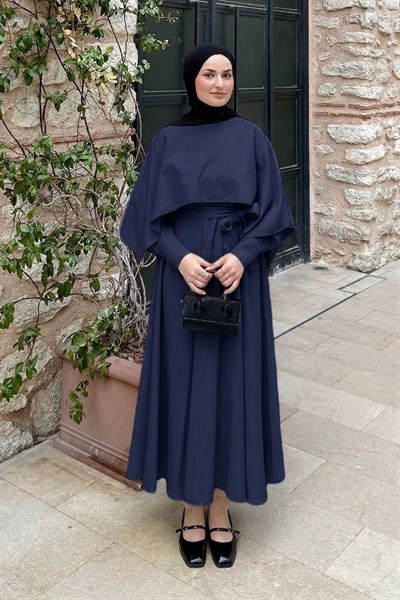 Pelerin Detaylı Elbise Lacivert