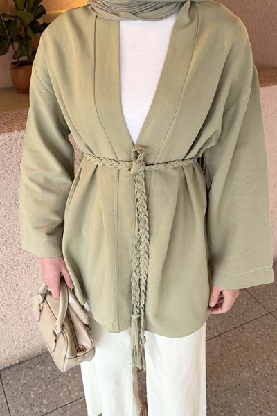 Örgü Bağlamalı Kimono Ceket Çağla Yeşili