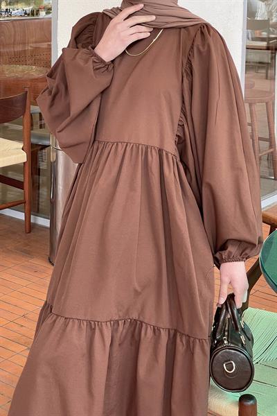 Balon Kol Katlı Yazlık Elbise Acı Kahverengi