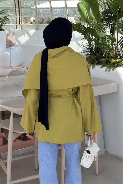 Pelerin Detaylı Oversize Tunik Yağ Yeşili