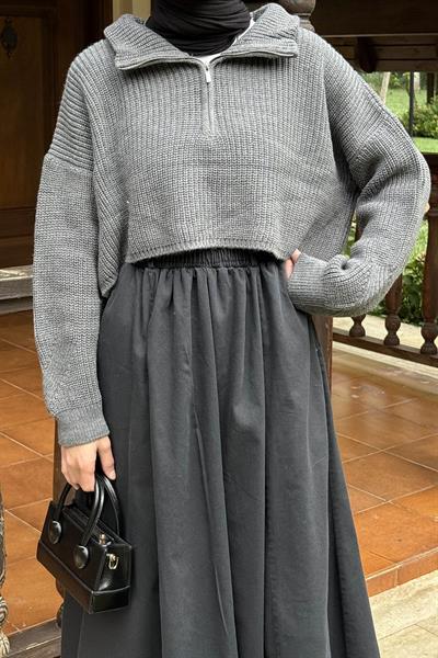 Yaka Fermuarlı Crop Triko Kazak Antrasit