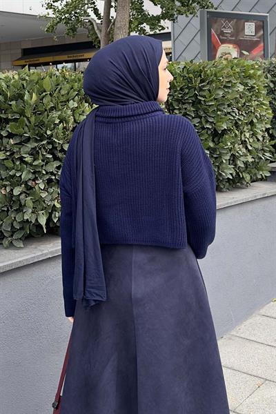 Yaka Fermuarlı Crop Triko Kazak Lacivert