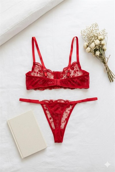 Dantel Desenli  Sütyen Takım Kırmızı