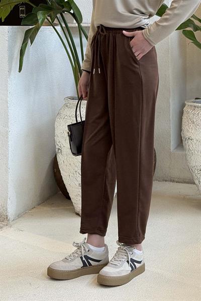 Çıma Detaylı Kordonlu Eşofman Altı Acı Kahverengi