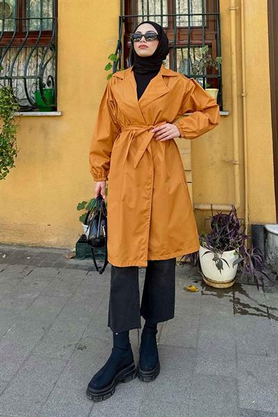 Balon Kol Kuşaklı Trençkot Hardal Sarısı