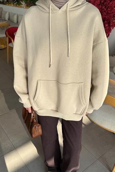 Üç İplik Kanguru Cep Sweatshirt Bej