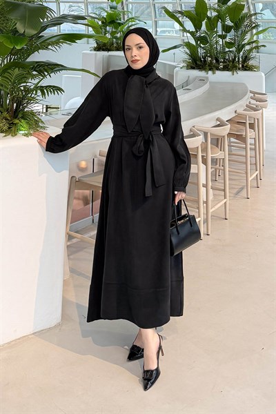 Fularlı Bağlama Detaylı Elbise Siyah