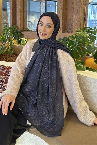 Retro Desen Bambu Şal Lacivert