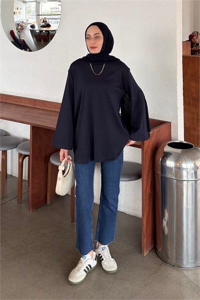 Bisiklet Yaka Basic Bluz Lacivert