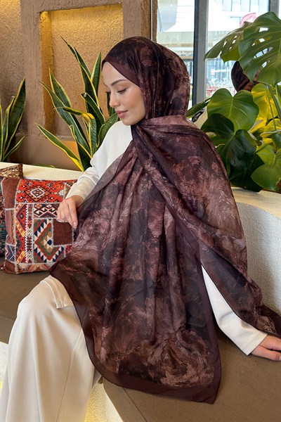 Gül Çiçek Desen Ferah Şal Çikolata Kahve