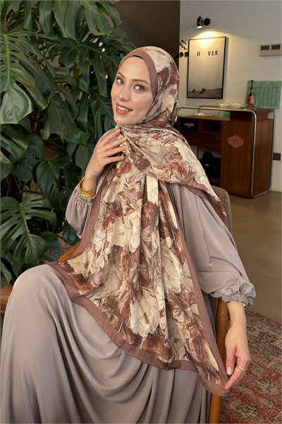 Vintage Flower Desen Bambu Şal Sütlü Kahve