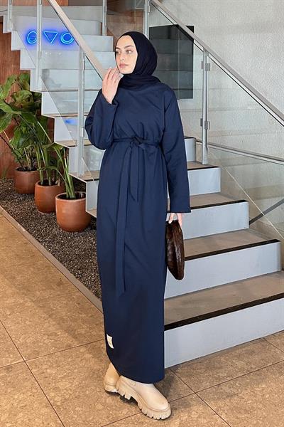 Etek Ucu Armalı Kuşaklı Elbise Lacivert