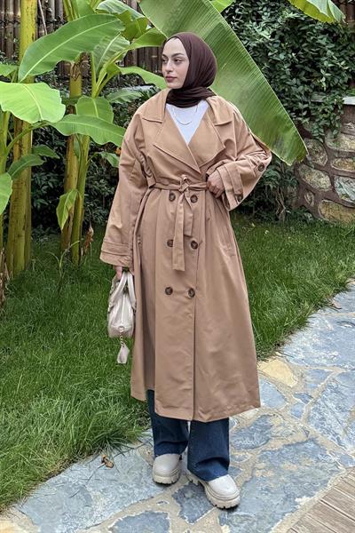 Uzun Apoletli Oversize Trenç Camel