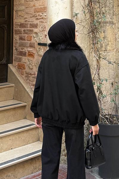 Kürk Yaka Cepli Mont Siyah