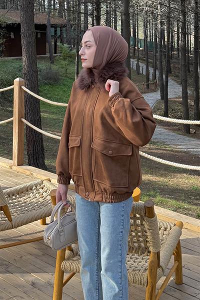 Kürk Yaka Cepli Mont Kahverengi