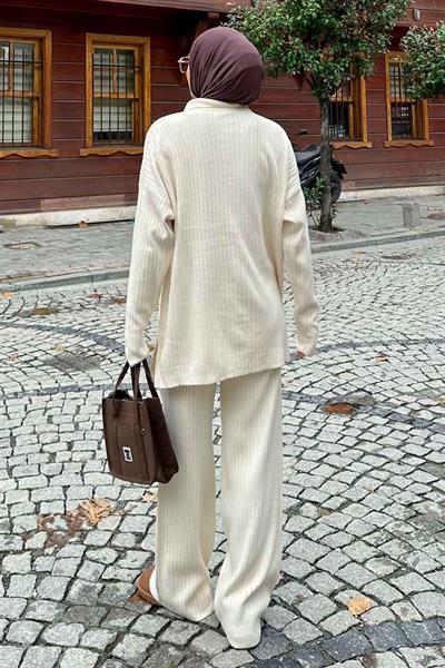 Polo Yaka Düğmeli Tesettür Takım Ekru