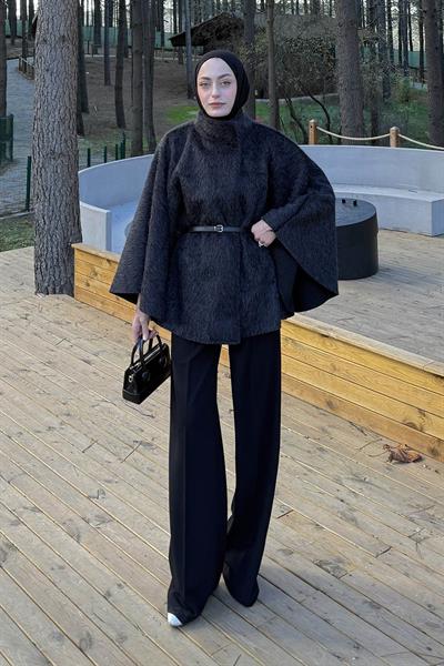 Düğmeli Kemerli Panço Siyah